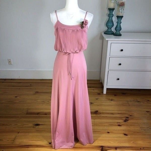Vtg 70s Prom Formal Dress 7 Accordion Pleat Blouson Bodice Pink Empire Waist