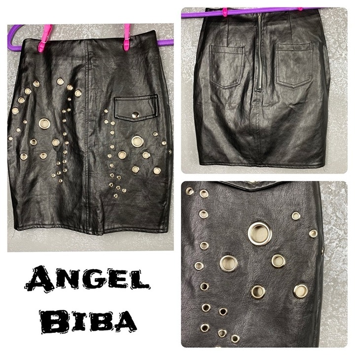 Angel Biba black faux leather mini skirt grommets