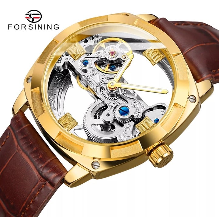 Forsining Mens Skeleton Mechanical Waterproof Luxury Watch Leather Hollow