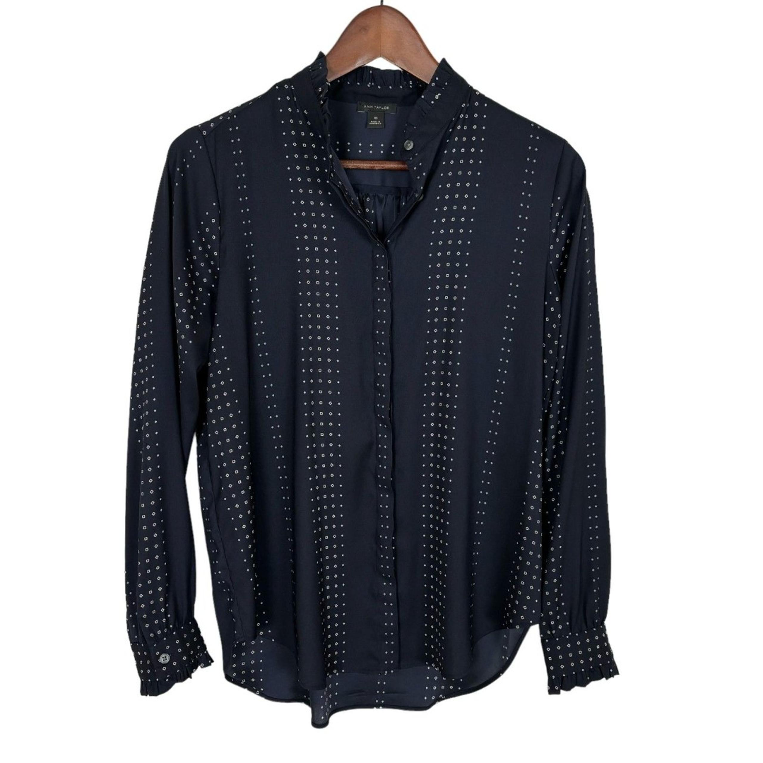 Ann Taylor Navy Blue Print Long Sleeve Button Down Shirt Blouse Career Womens XS