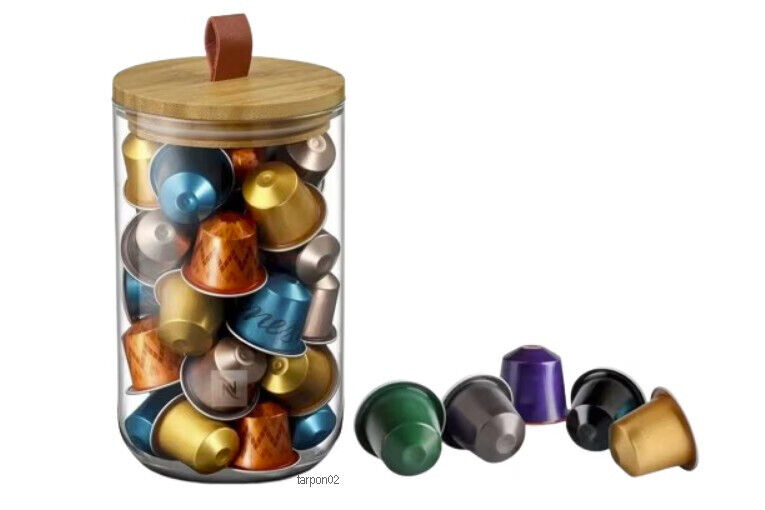 Nespresso Mini Display CAPSULE DISPENSER Glass+ Bamboo Lid Top NIB