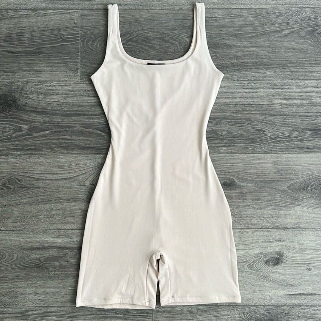 NAKED WARDROBE Ribbed Romper Small Neutral Cream Sporty Athleisure Loungewear