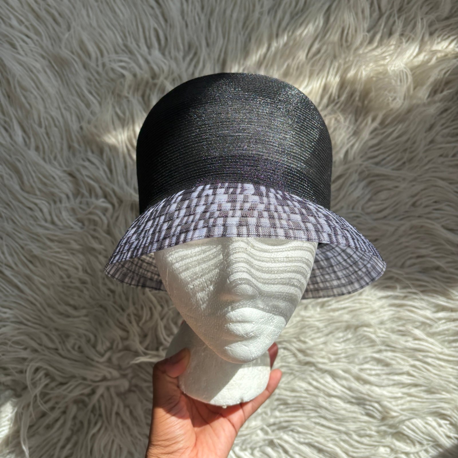 Patricia Underwood Black Gray Color Block Straw Horse Show Bucket Hat One Size