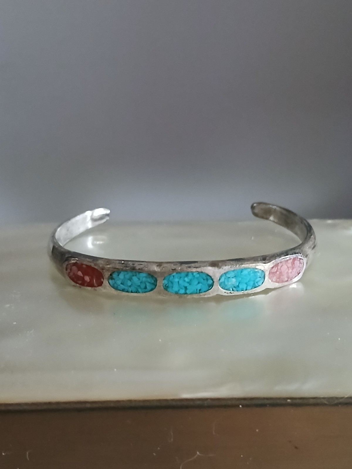 Kids Southwestern Sterling Silver Crushed Turquoise and Coral Bracelet