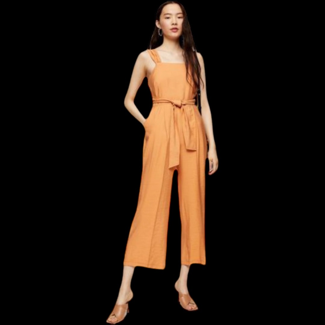 Topshop Linen Blend Wrap Around Open Back Cropped Jumpsuit in Apricot Size 4