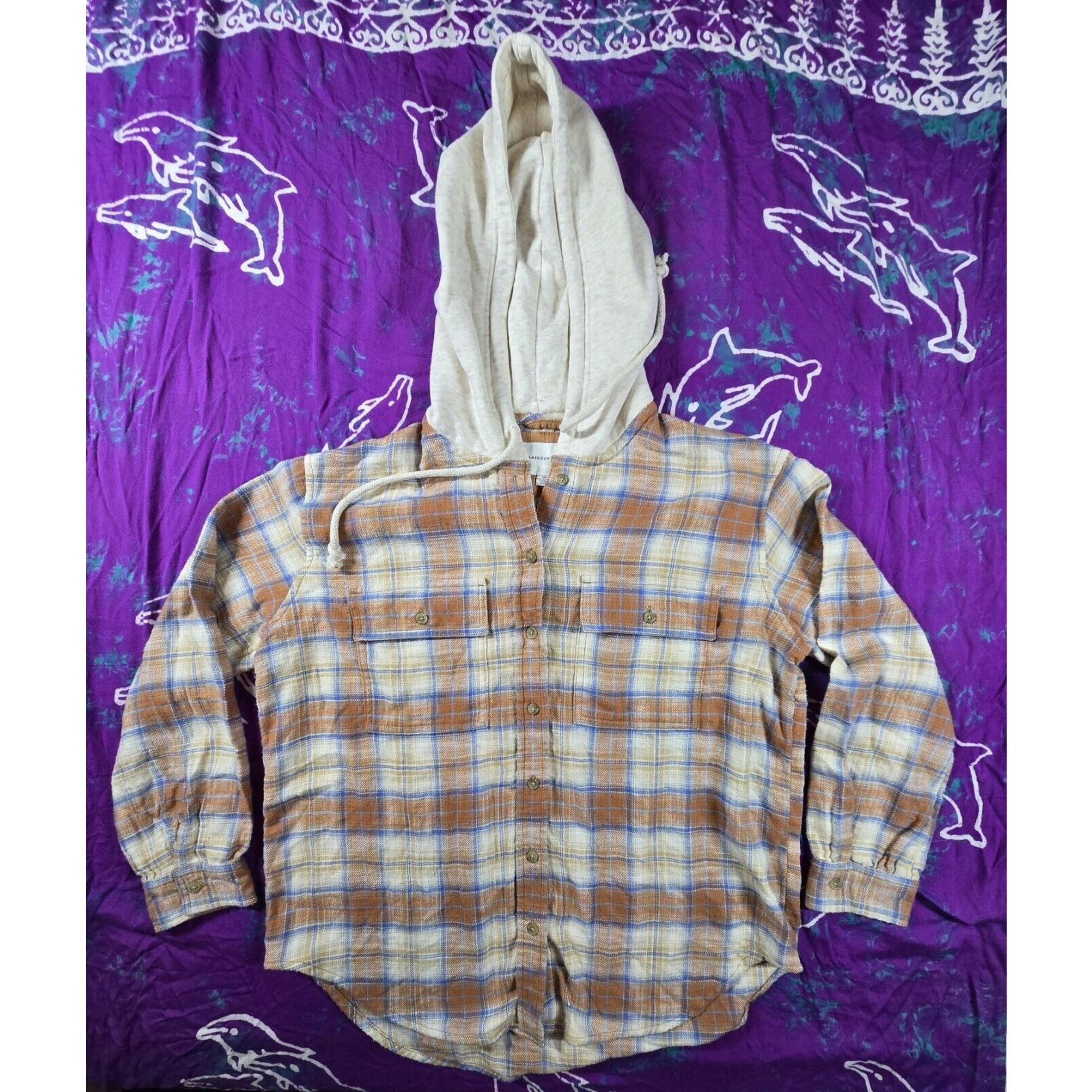American Eagle Womens Shirt Button Up Flannel Hoodie Pockets Plaid Multicolor S