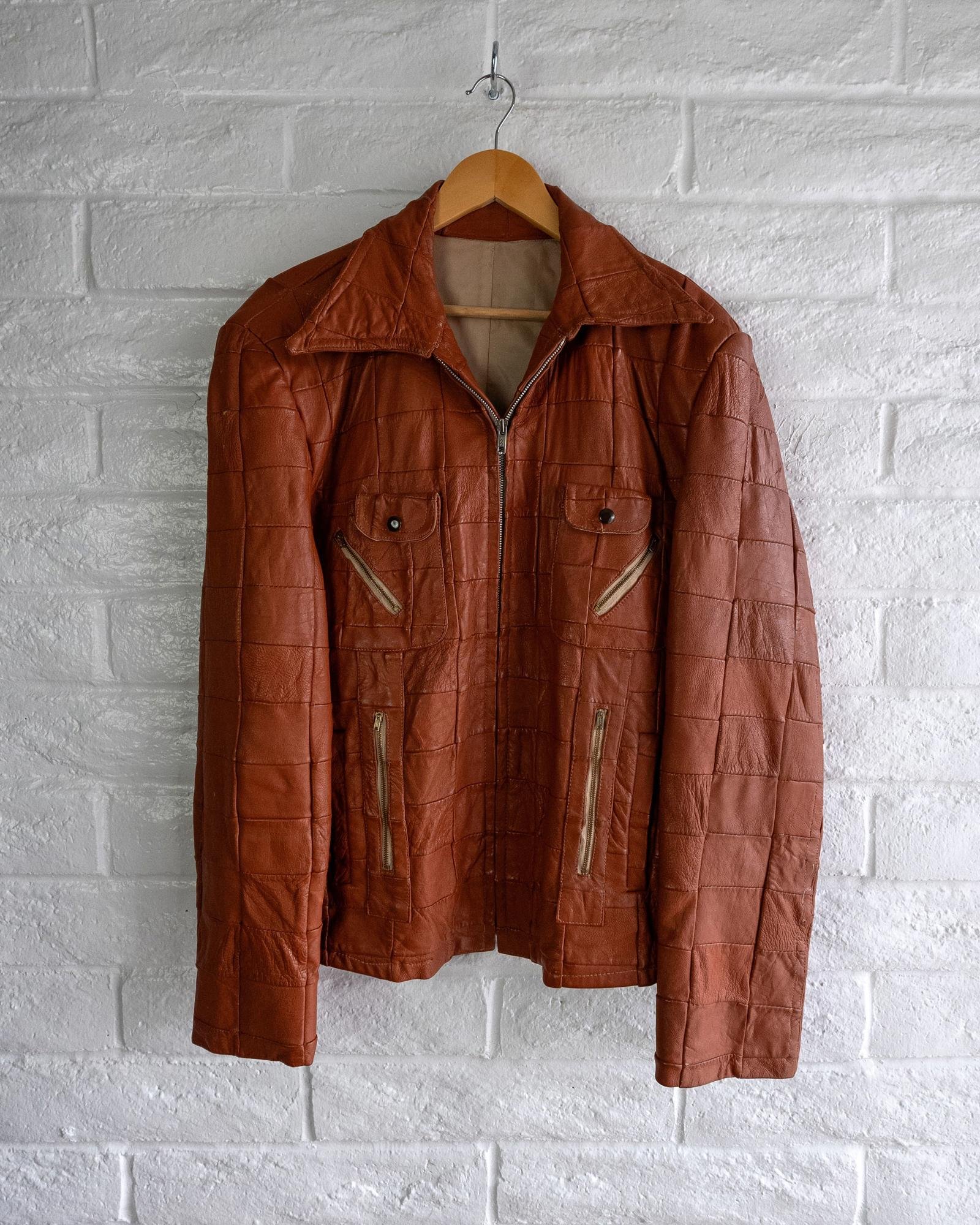 Rare 1970s Vintage Soft Leather Square Tile Patchwork Quilted Zip Up Jacket