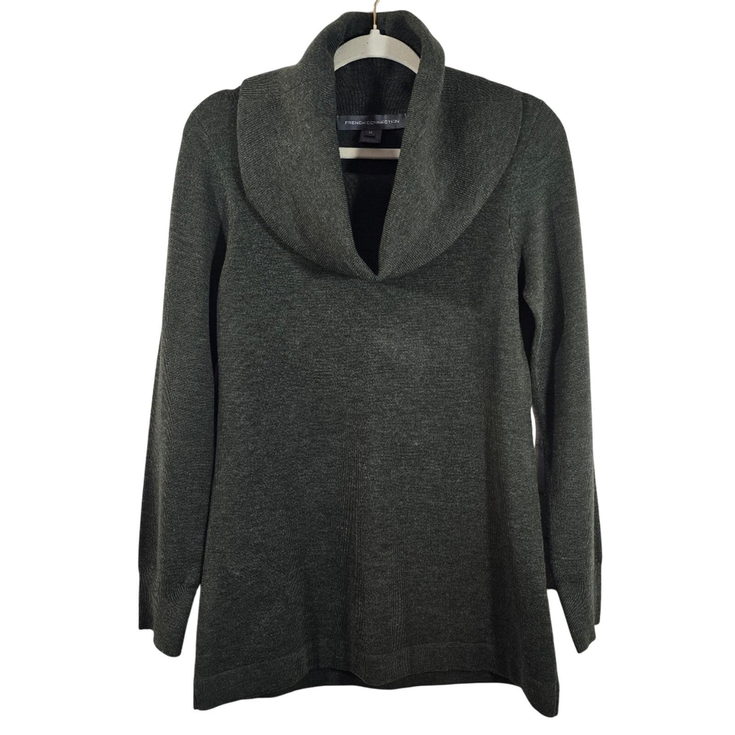M French Connection Green Sweater Women Size M Cowl Turtleneck Dark Olive Ribbed