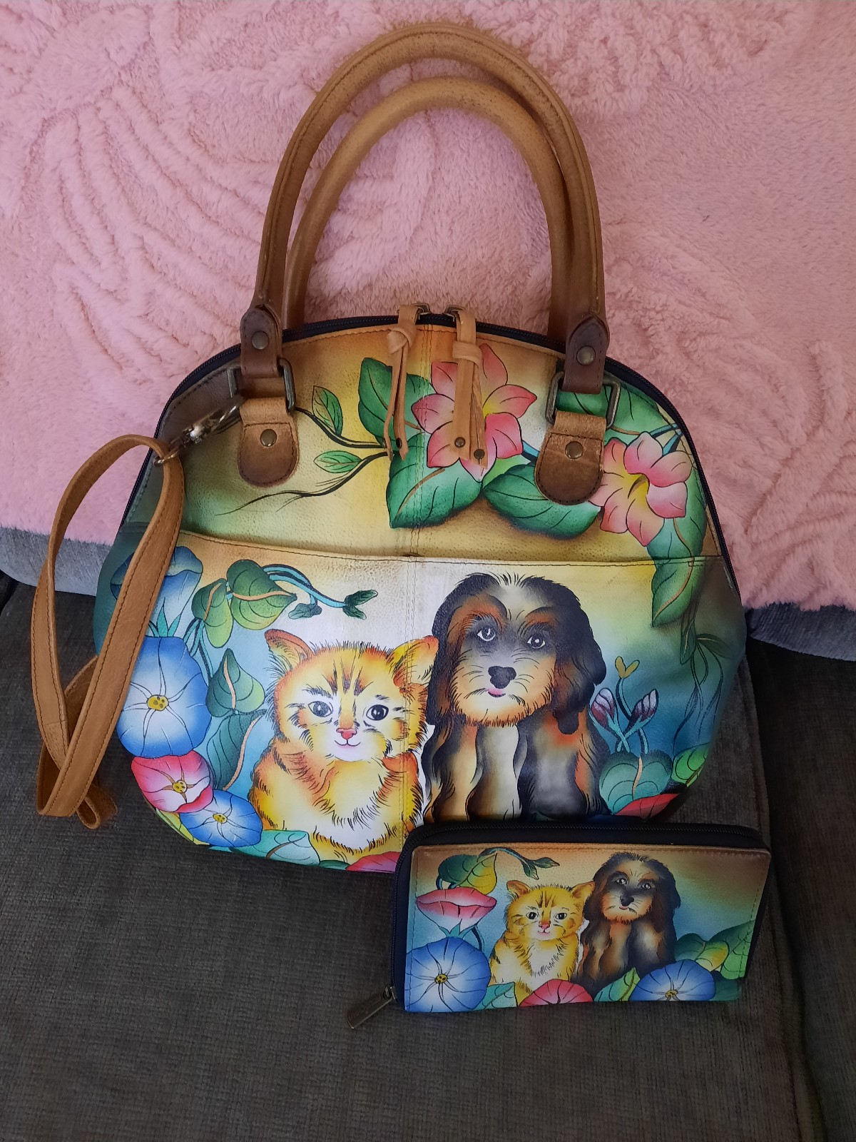 Anuschka Bag and Matching Wallet Cat Dog Morning Glory