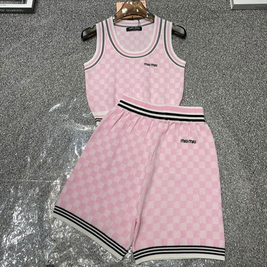 miumiu24 summer new plaid patchwork knitted vest shorts two-piece set