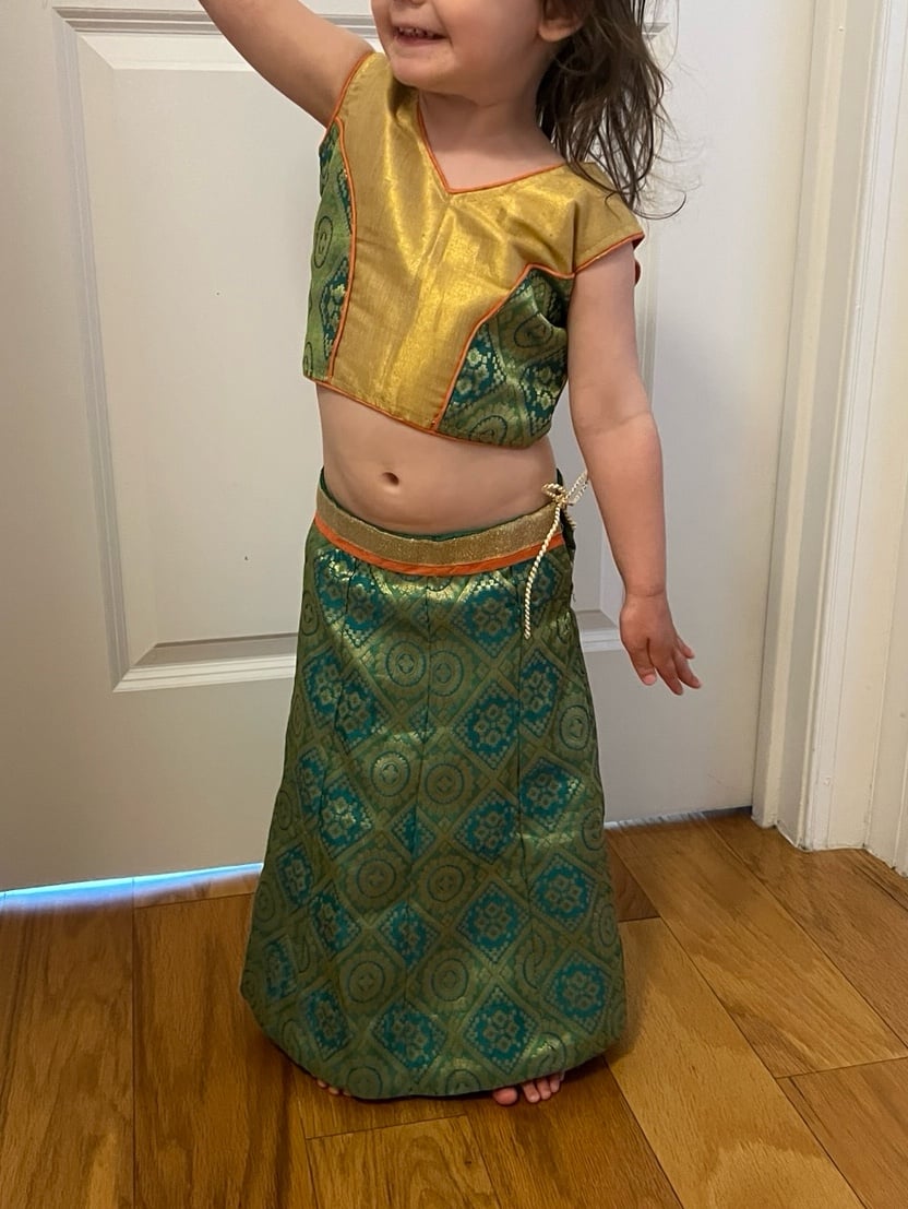 Toddler Girl Lehenga Choli Set – Green, Gold & Coral (Size 4T / Tag 18)