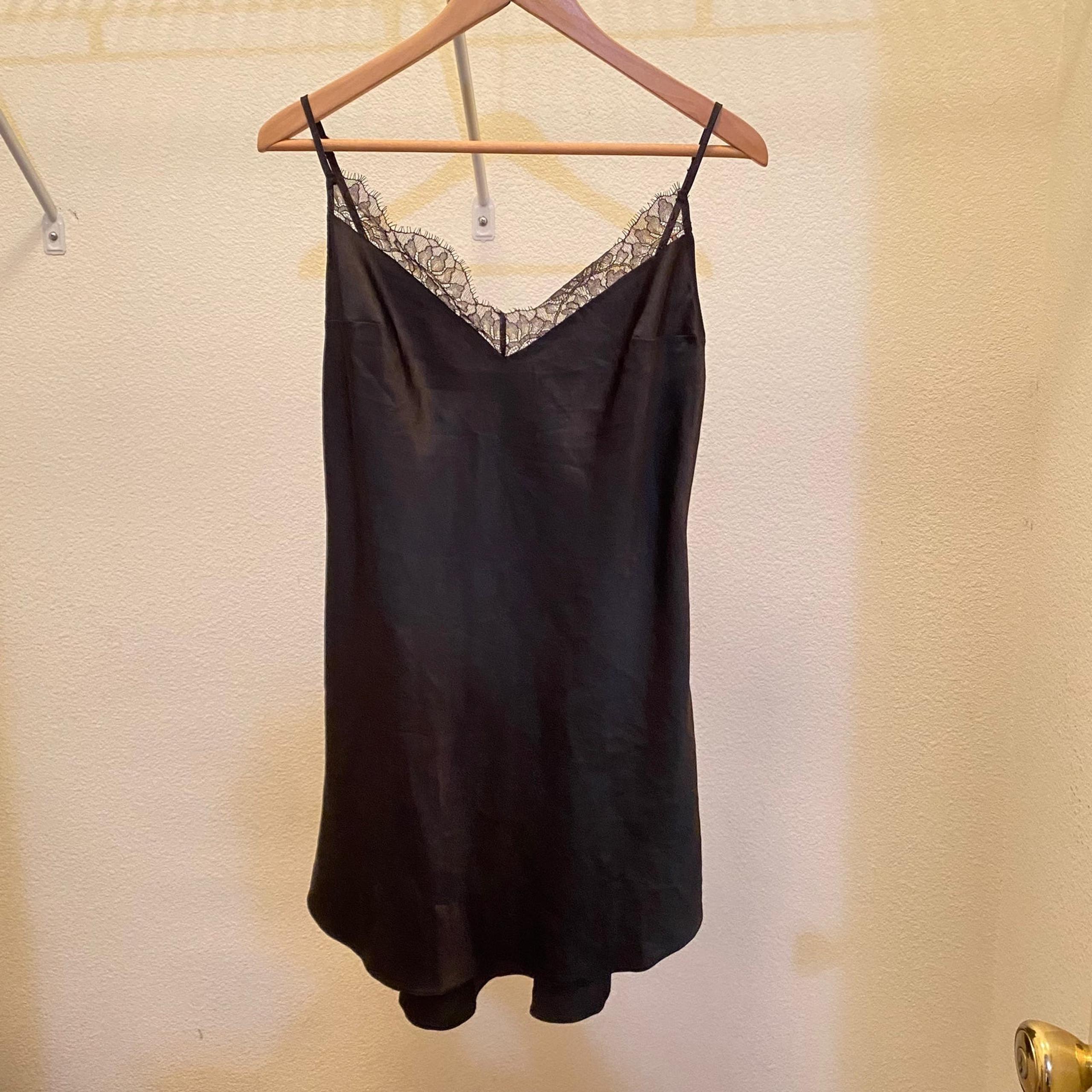 Victoria’s Secret black silk satin slip dress lace cami vintage
