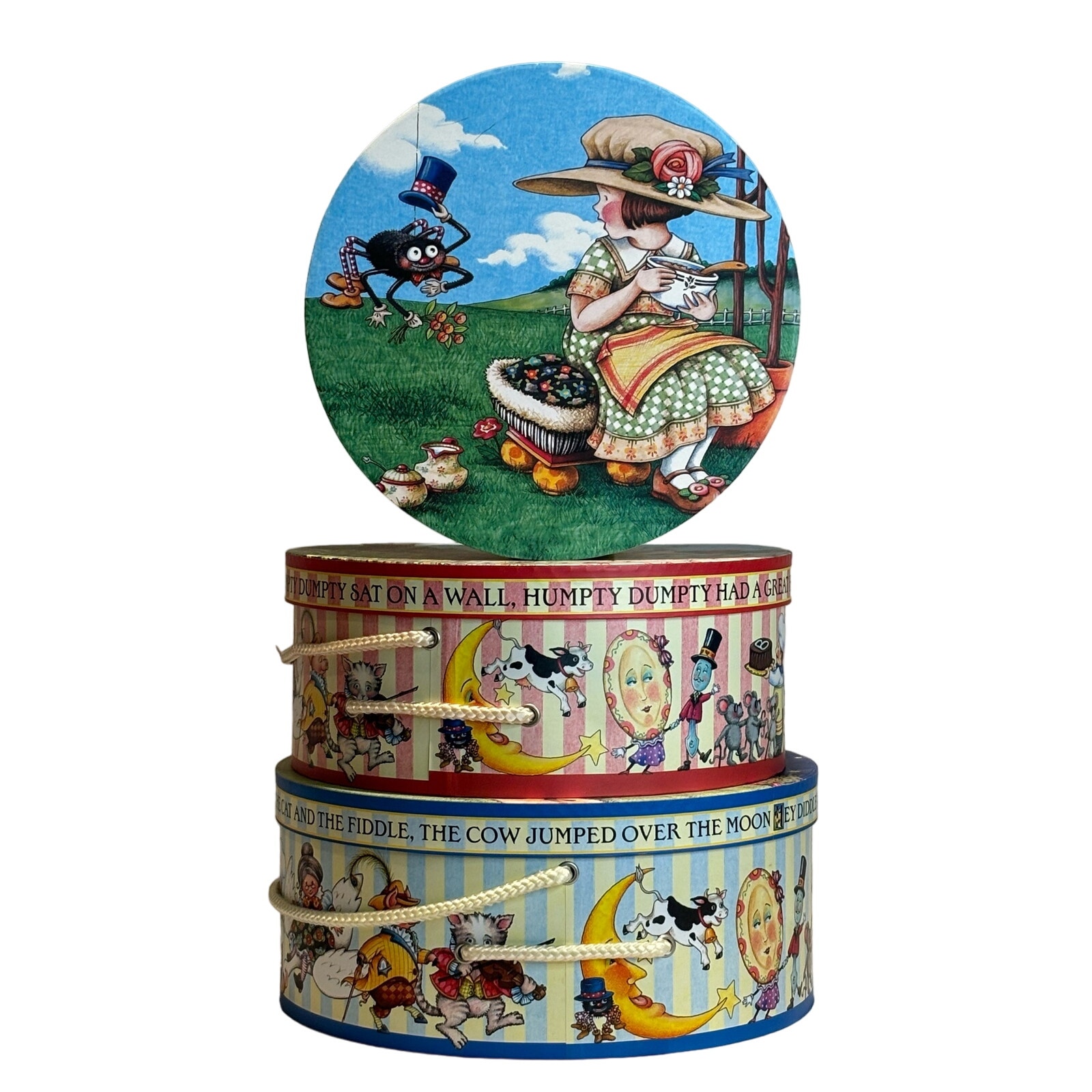 VTG Mary Engelbreit Nested Hat Boxes Set of 3 Nursery Rhyme Theme, EUC