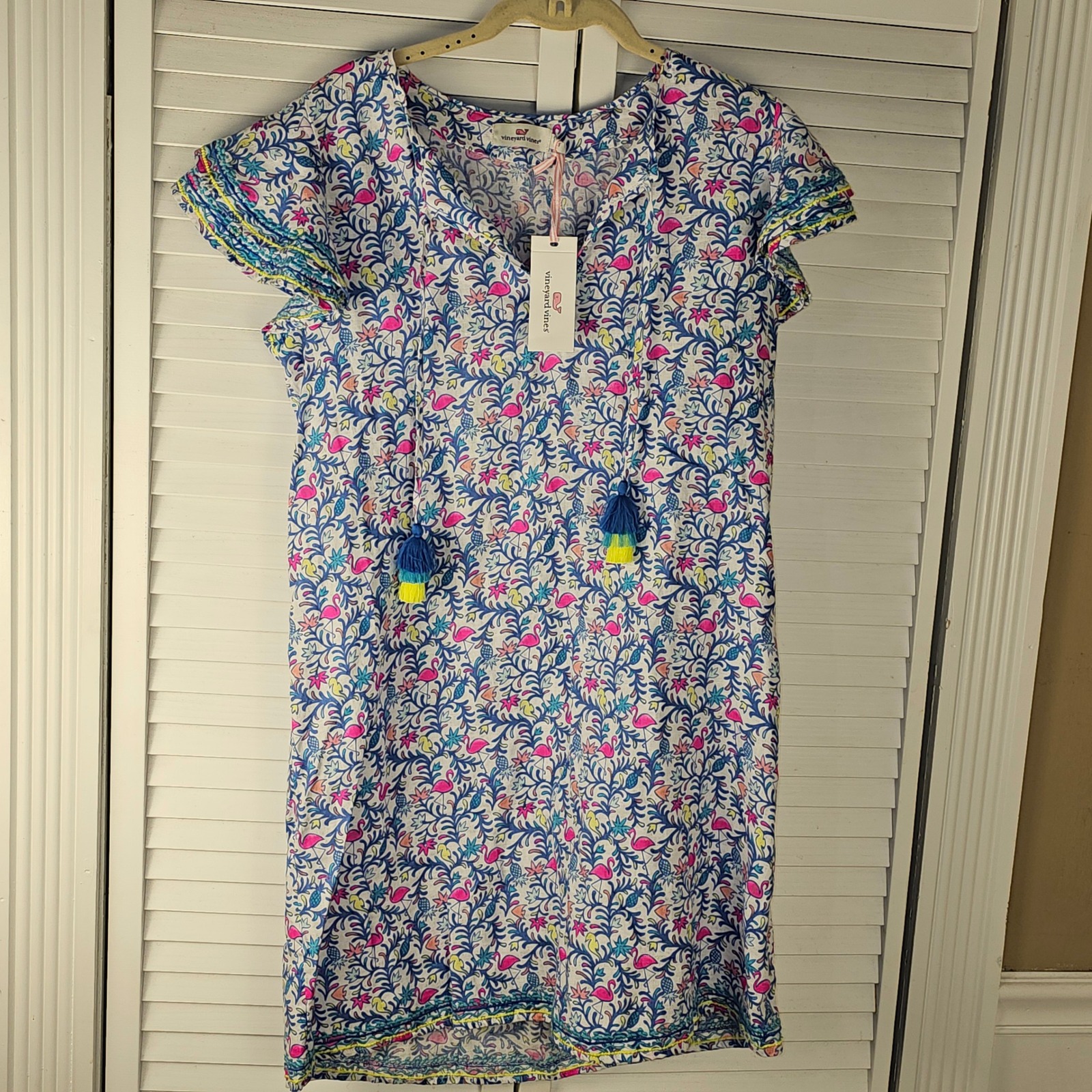NWT Vineyard Vines Womens Otomi Bimini Blue Floral Flamingos Linen Tunic Dress S