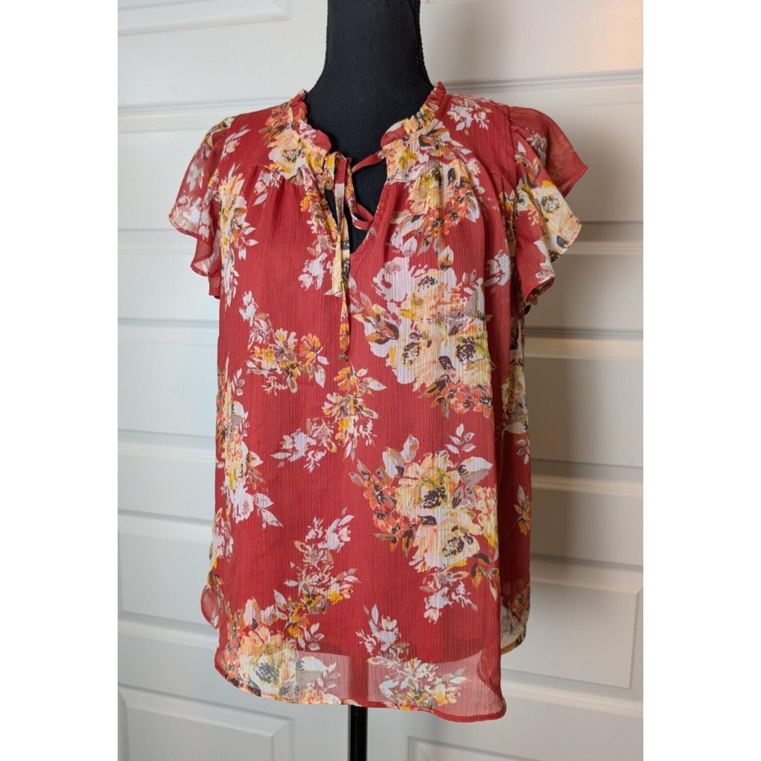 Lauren Conrad Blouse Top Size M Floral Flutter Sleeve Boho Flowy Cottage Peasant