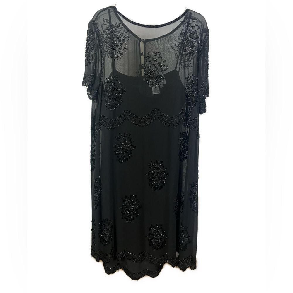 Oleg Cassini Vintage 100% Silk Embellished Black Cocktail Swing Dress- Size 10