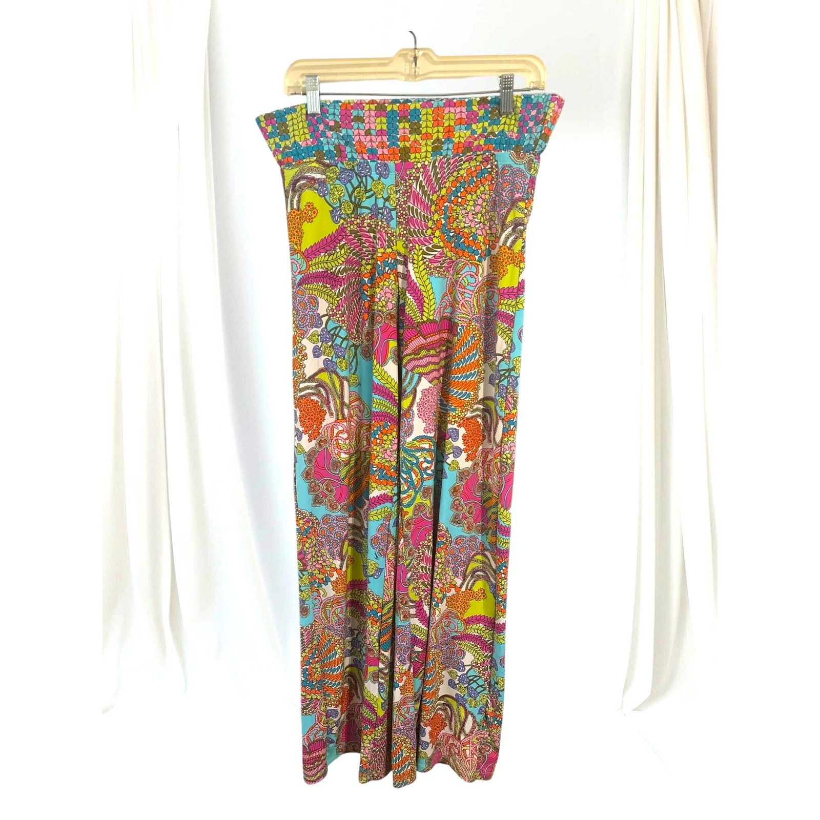 Trina Turk Colorful Printed Roll Top Wide Leg Retro Swimwear Pool Pants Size L