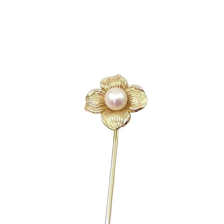 Vintage Solid 10K Yellow Gold 3.5mm Cultured White Pearl Flower Hat Stick Pin