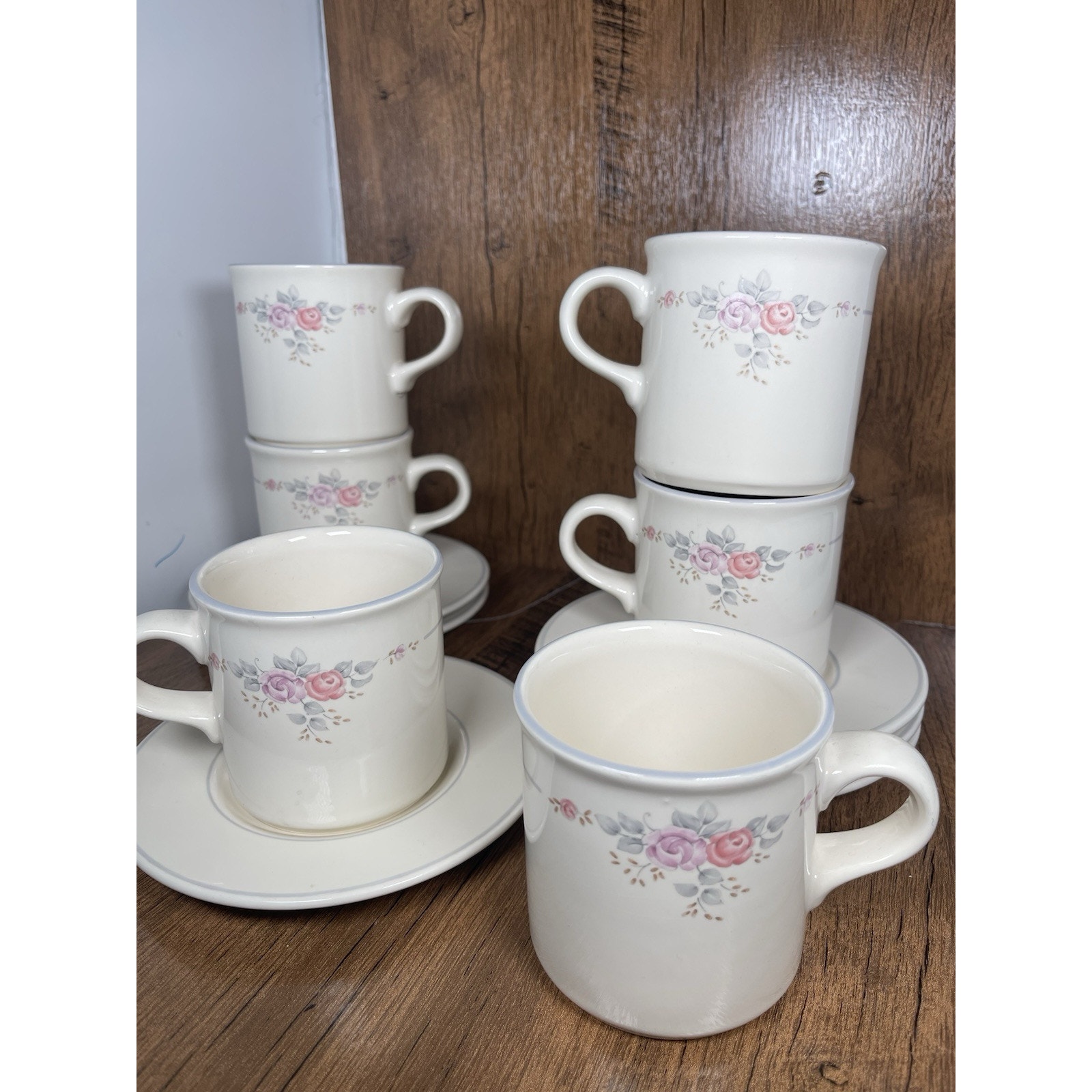 Set Of 6 Pfaltzgraff Trousseau Coffee Mugs Saucers Tea Cups Pink Roses Retired