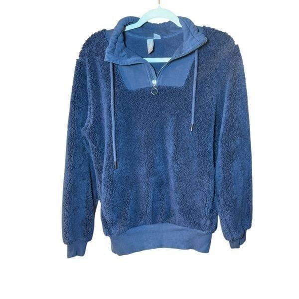 Sweaty Betty Faux Shearling Quarter Zip Pullover sz 8 Navy Blue