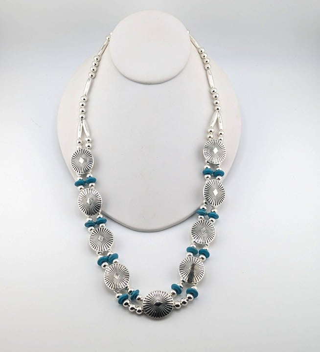 Native American Inspired Turquoise Saucer Beaded Necklace Silver Plated Jewelry