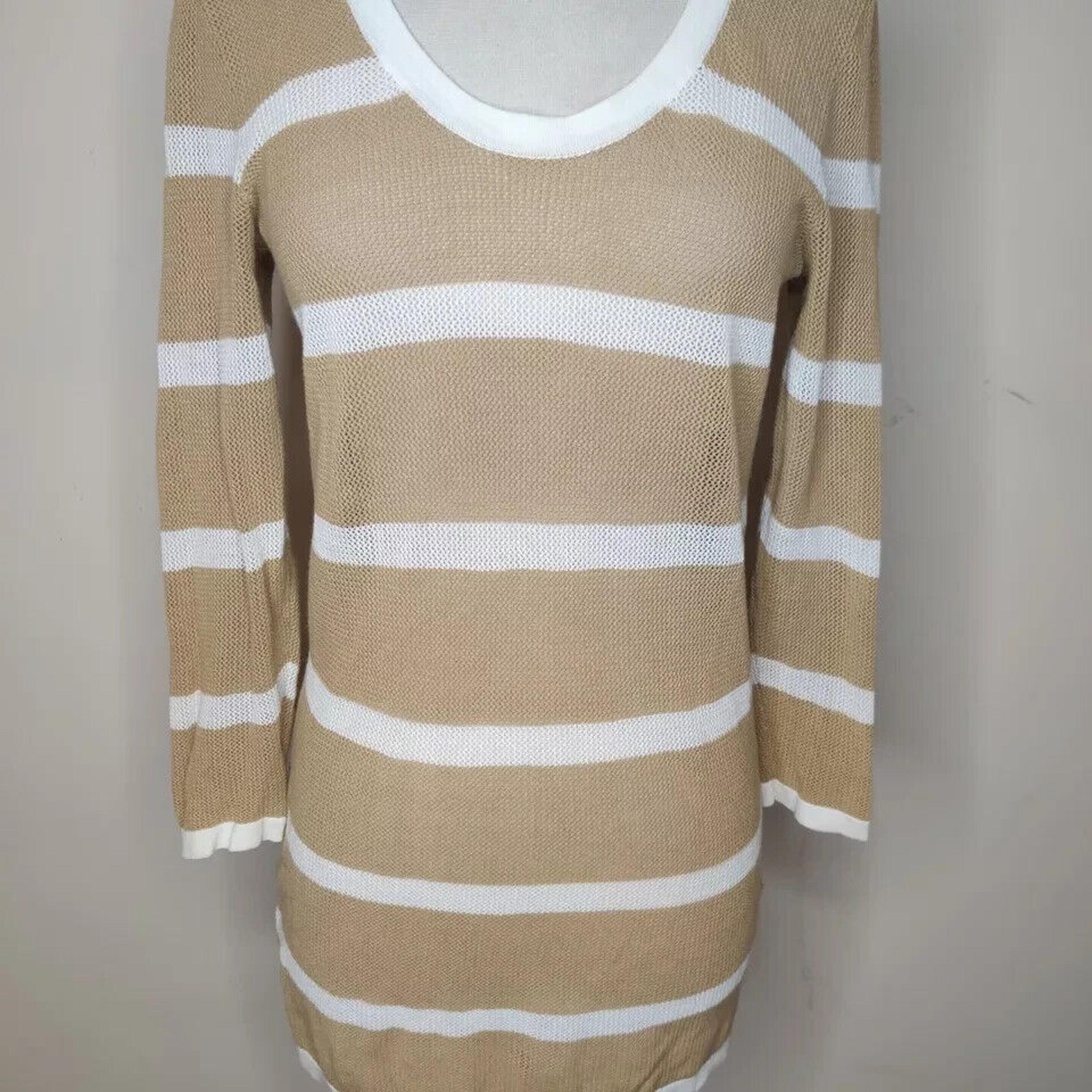 Tommy Bahama Womens Sweater XS Tan White Stripe Cotton Open Knit Coastal