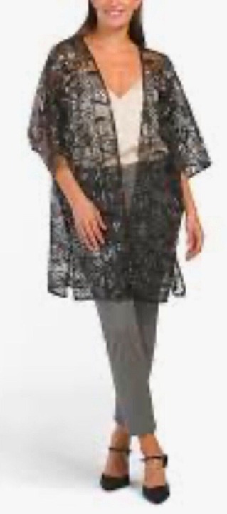 Anne Klein Women’s Black Floral Sequin Open Front Midi Kimono Cardigan Size L/XL
