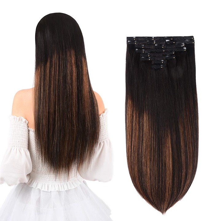 14 Remy Clip in Hair Extensions Human Hair Natural Black to Chestnut Brown High