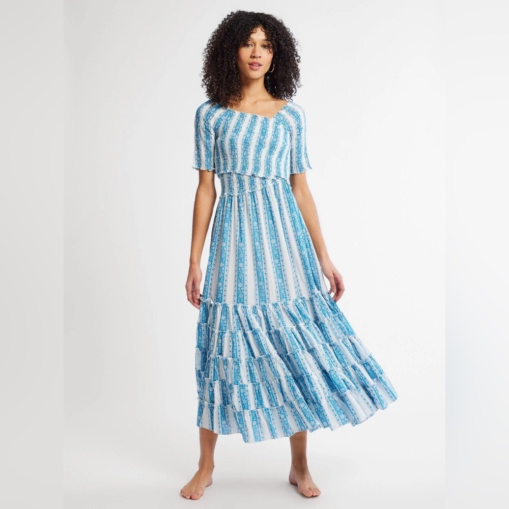 MILLE Women's Celia Dress in Aqua Jaipur Striped Smocked Crossover Midi Dress- M