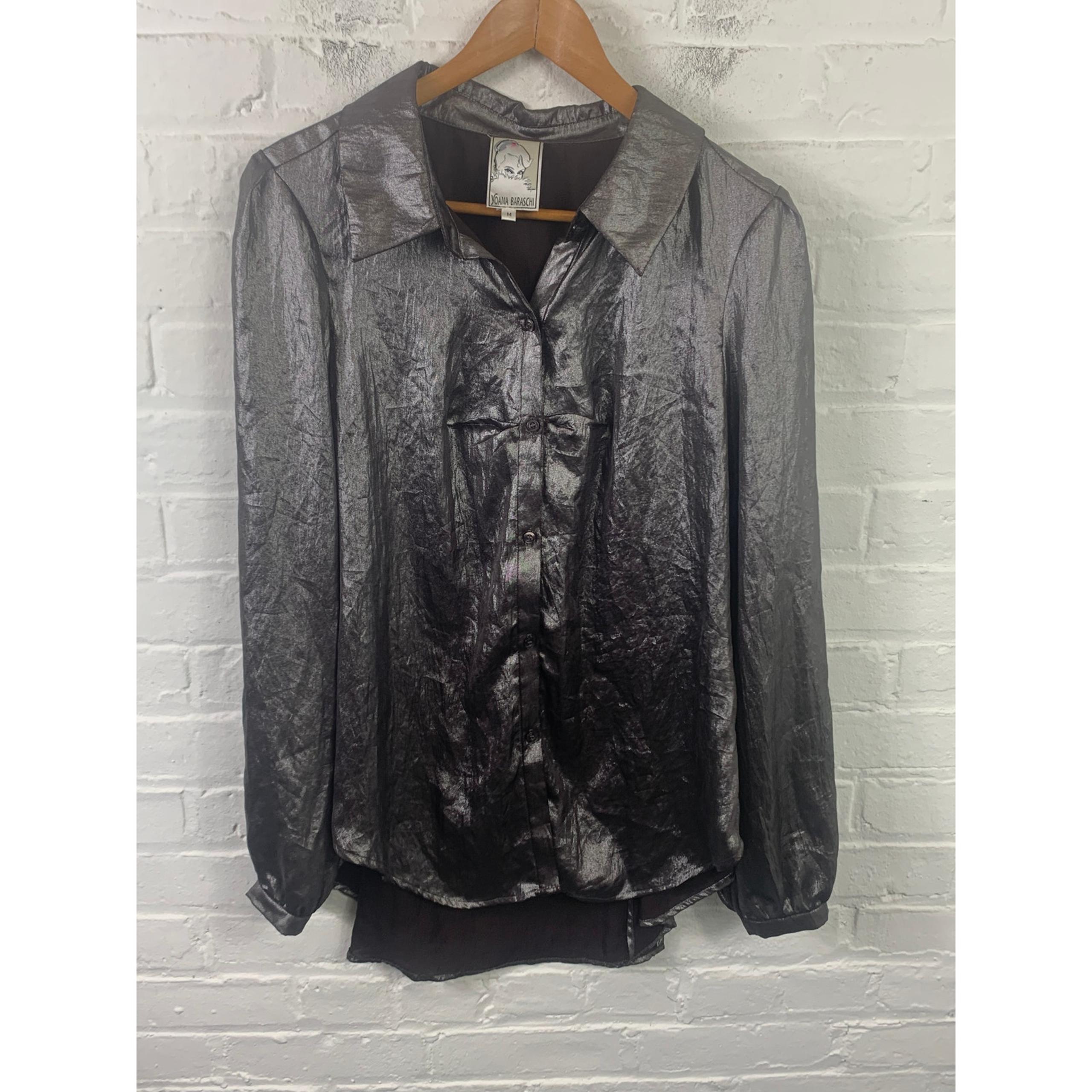Yoana Baraschi Women's Metallic Button-Up Shirt Blouse Top Gray Size Medium