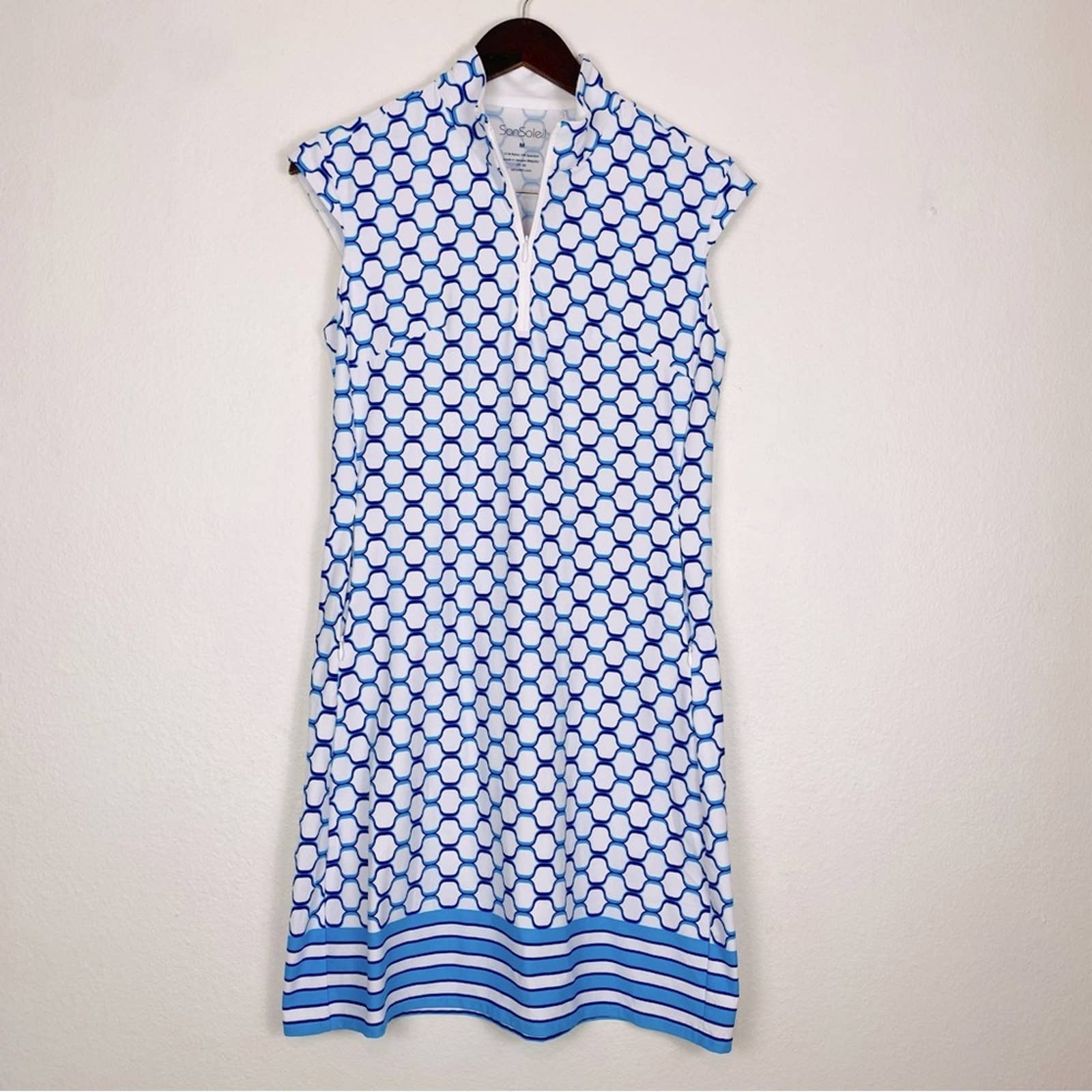 SanSoleil Womans UV 50 Golf Tennis Dress in Blue White Print Quarter Zip M