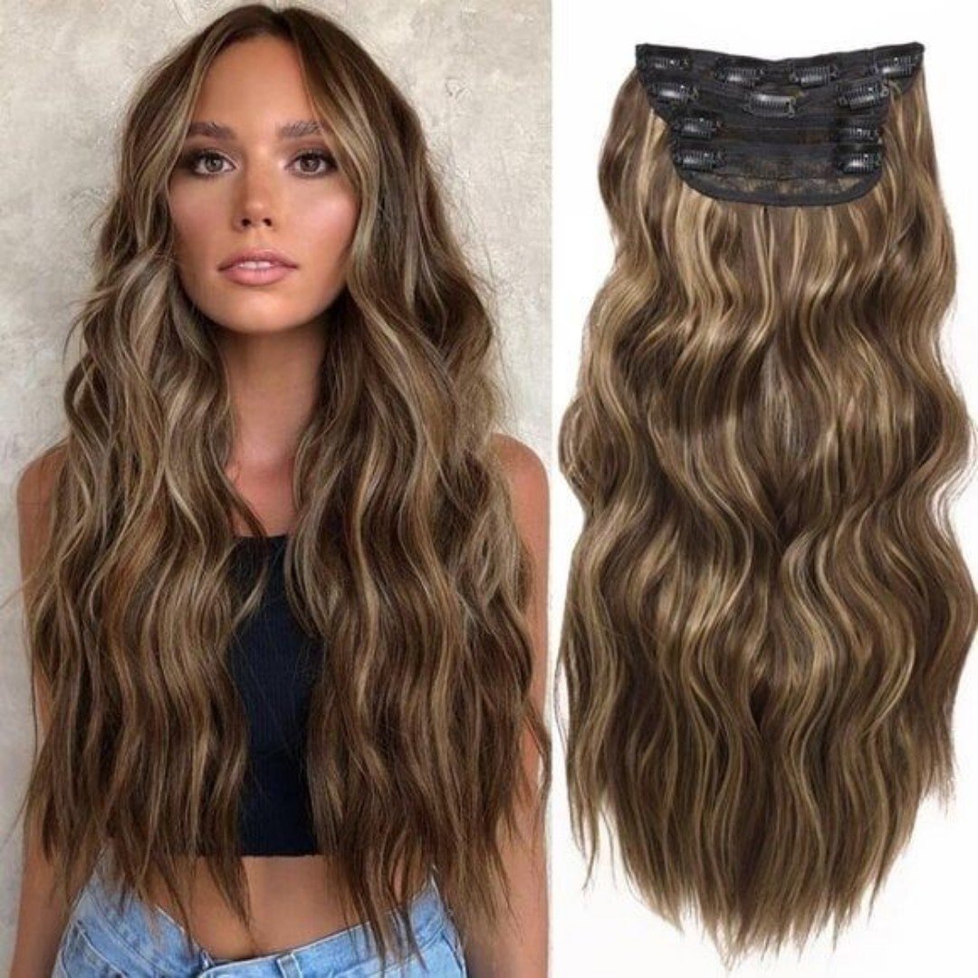 New 4PCS 20Inch Brown & Honey Blonde Wavy Curly Synthetic Clip-in Hair Extension
