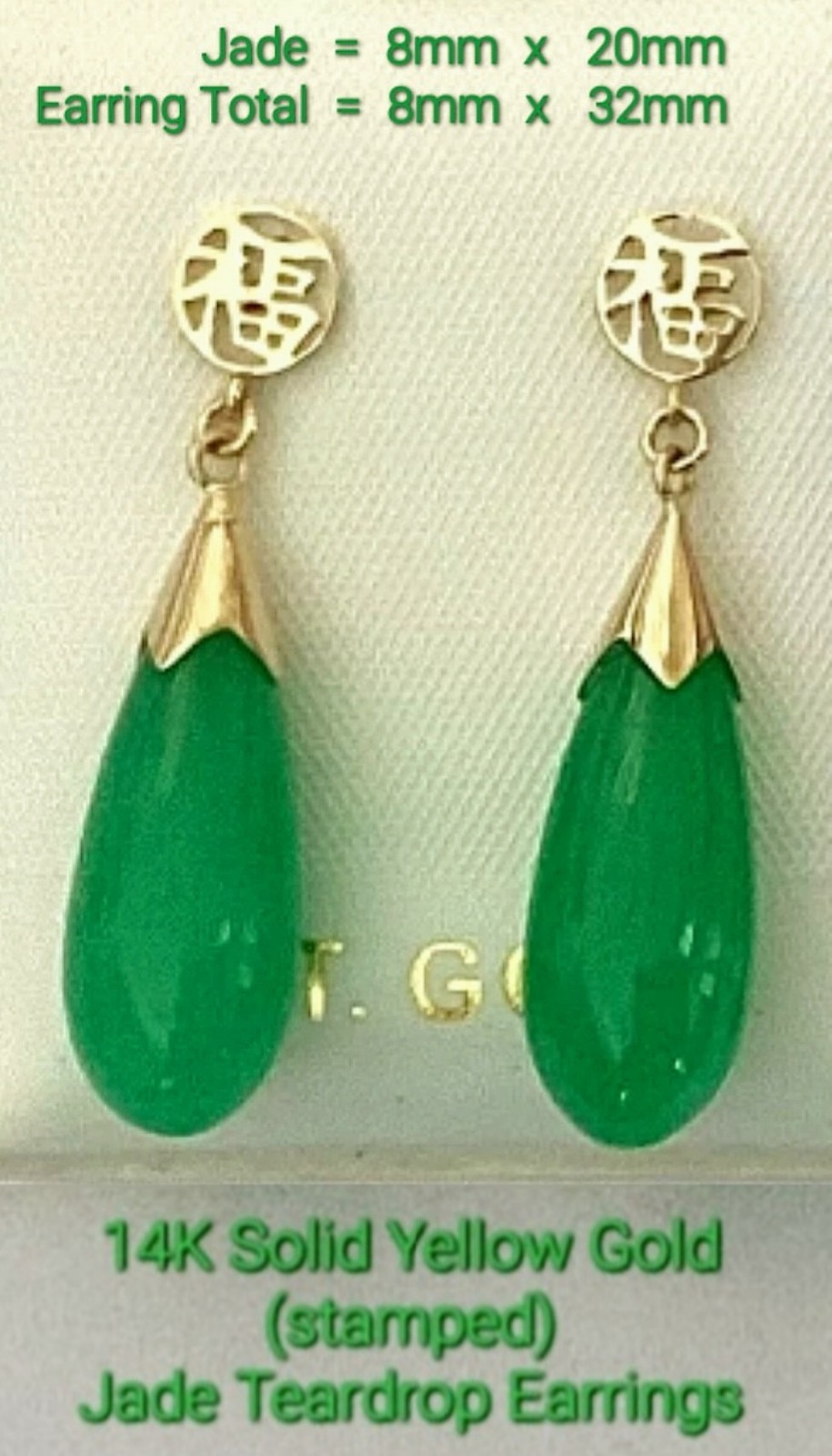 14K Solid Yellow Gold Jade Teardrop Earrings 32mm x 8mm w/14K Backs