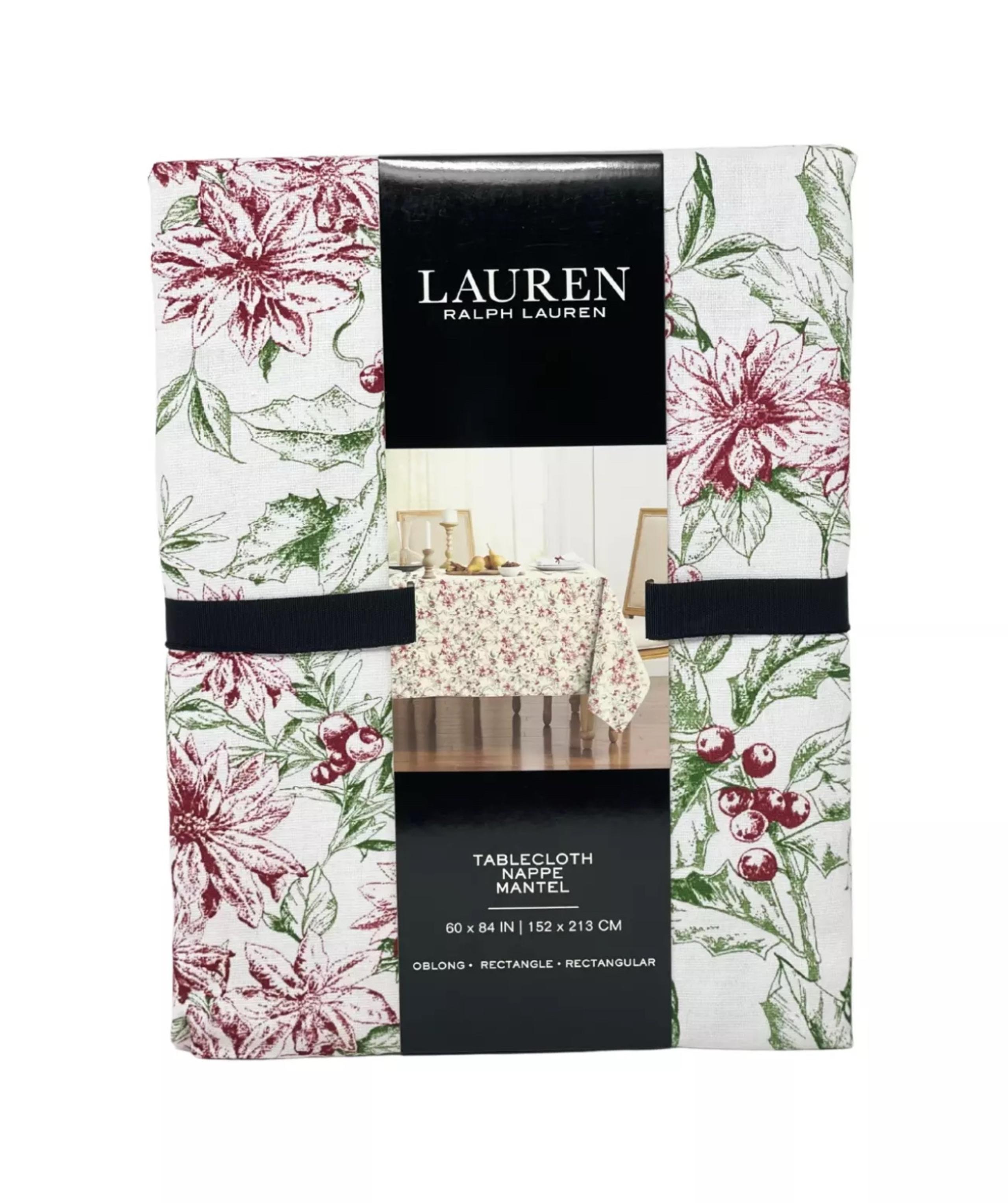 RALPH LAUREN 60" x 84" Holly Mistletoe Red Poinsettia Christmas Tablecloth NEW