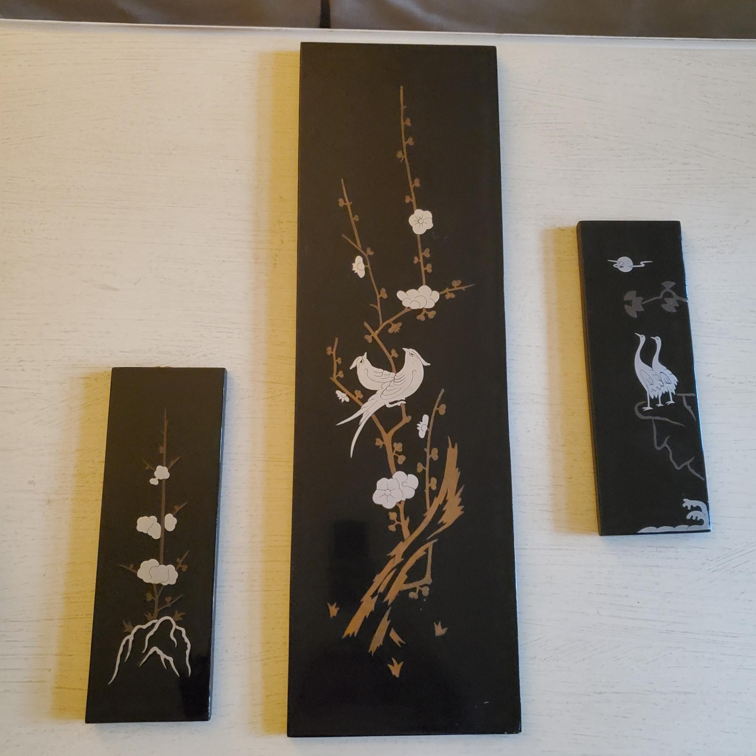 Haygill Imports Vintage Asian Black Lacquer Mother of Pearl Wall Decor x3