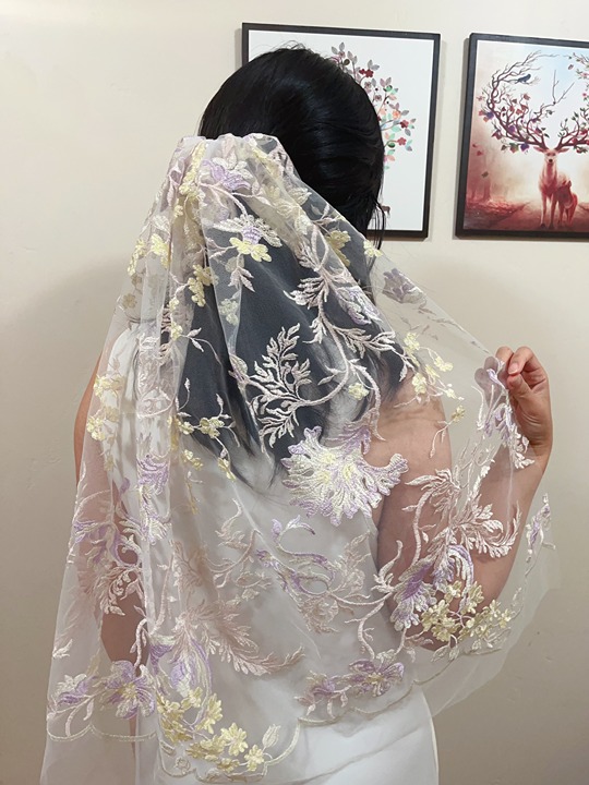yellow purple Embroidered flower veil Floral wedding veil Unique wedding veil