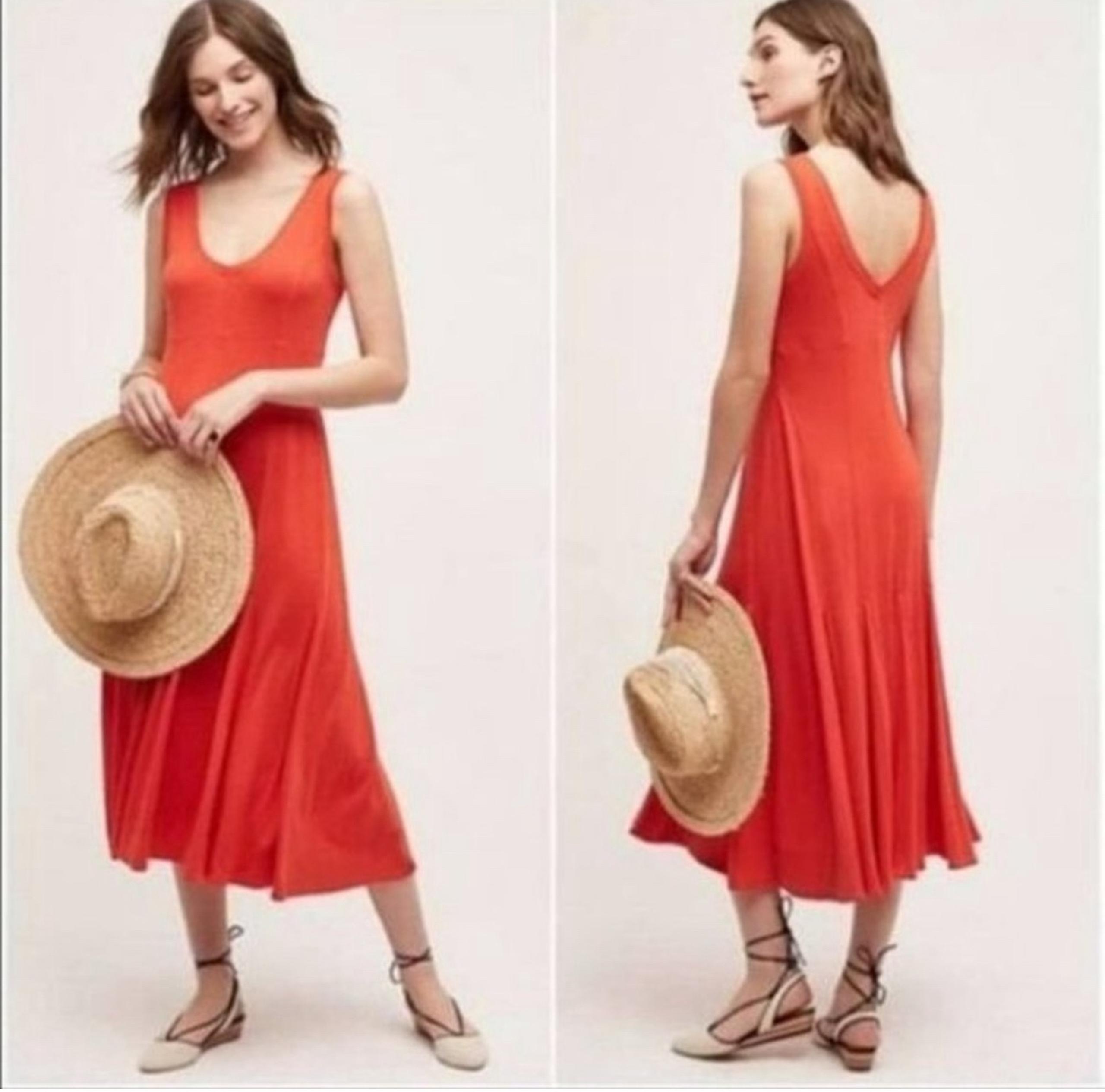 Maeve Anthropologie Abroad Tulip Hem Midi Dress Size M Red Orange Hue