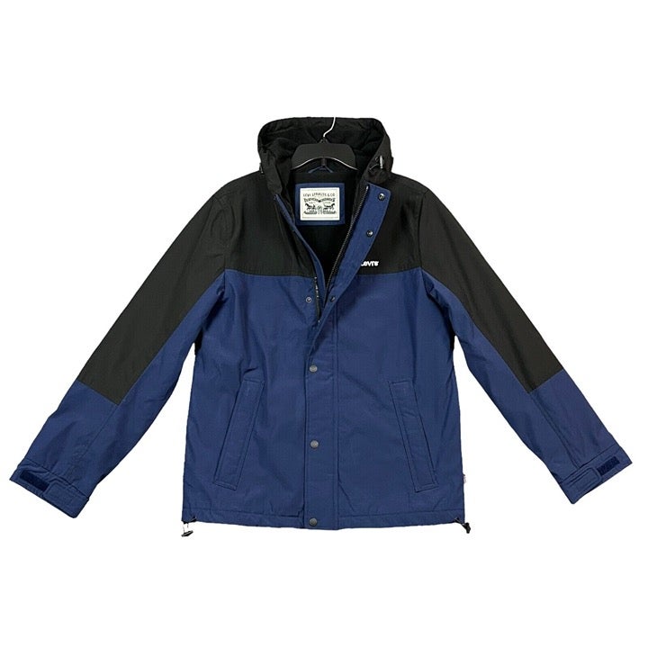 Levis Mens Hooded Jacket Size M Blue Black Fleece Lining Water & Rain Resistant