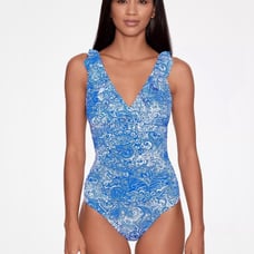 Ralph Lauren women’s ROYAL BLUE/WHITE Woodblock One-Piece Swimsuit size 12 NEW