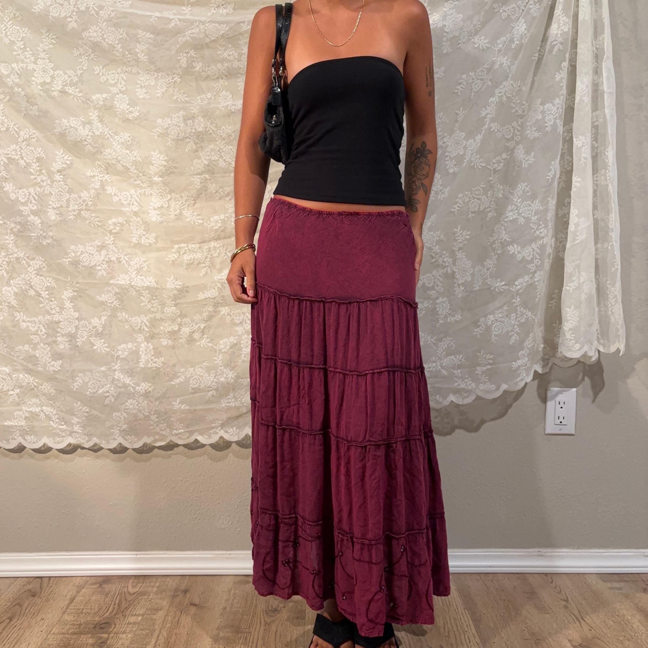 Vintage y2k Dressbarn Tiered Embroidery Sequins Low Waist Maxi Skirt Sz S