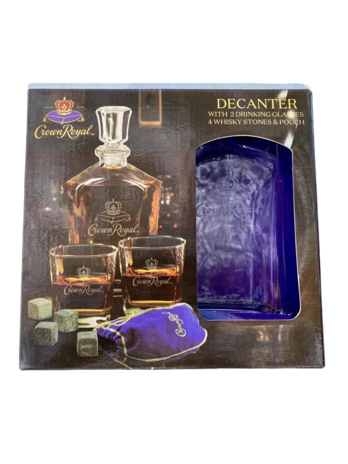 Crown Royal Decanter (750ml) Set W/2 Drinking Glasses (10.5oz) & Whisky Stones