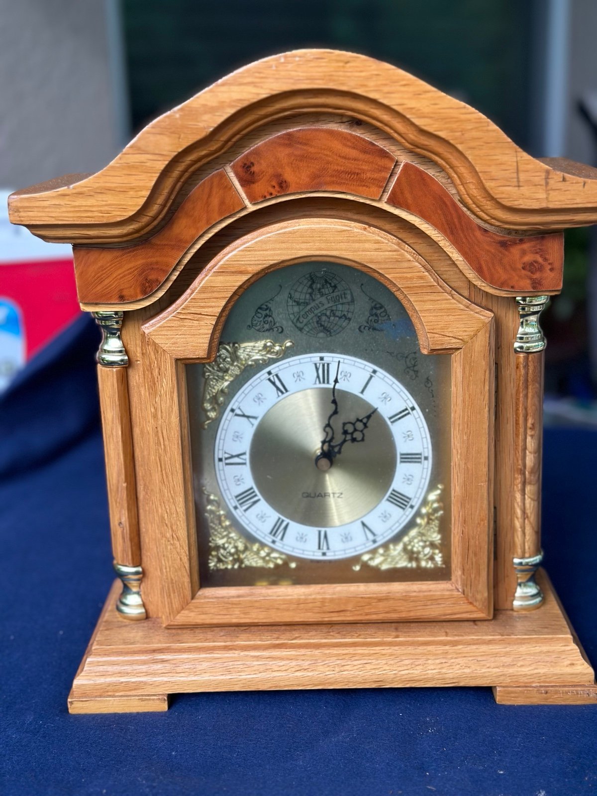 Vintage, Original Tempus Fugit Oak Wood Mantel Clock, Decorative Face, Quartz