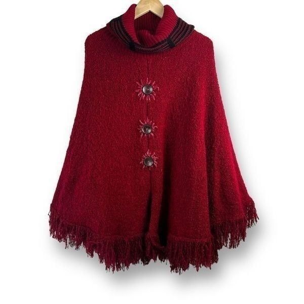 Kessley Women's One Size Turtleneck Poncho Sweater Deep Red Fringe Wearable Art