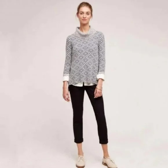 Anthropologie Moth Blue White Geometric Print Galena Cowl Neck Sweater