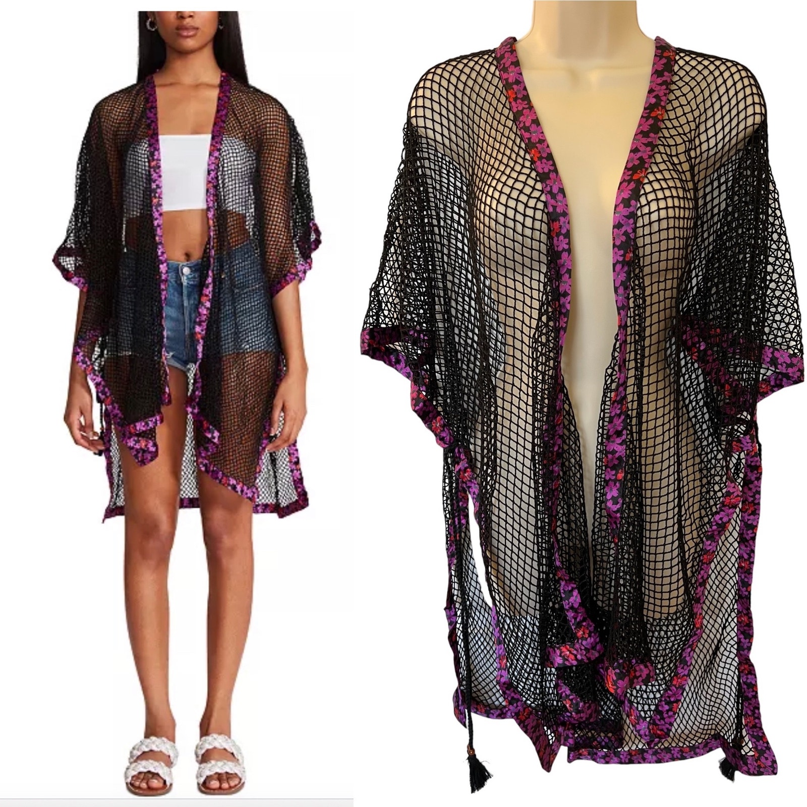 Steve Madden Open Wave Mesh Purple and Black Floral Boarder Kimono- ONE SIZE