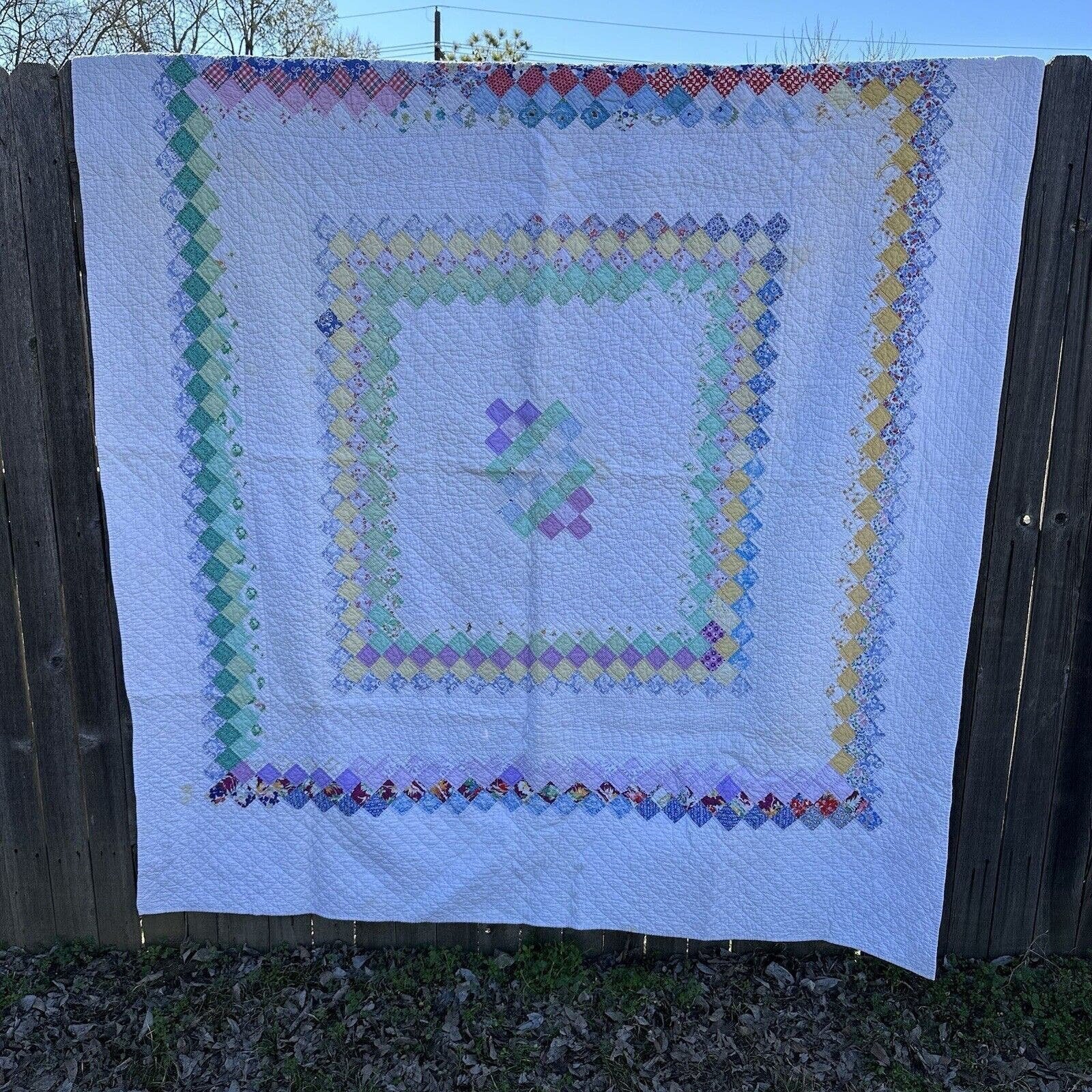 Vintage Patchwork Quilt Postage Stamp Border 78 x 66 Hand Sewn Quilted