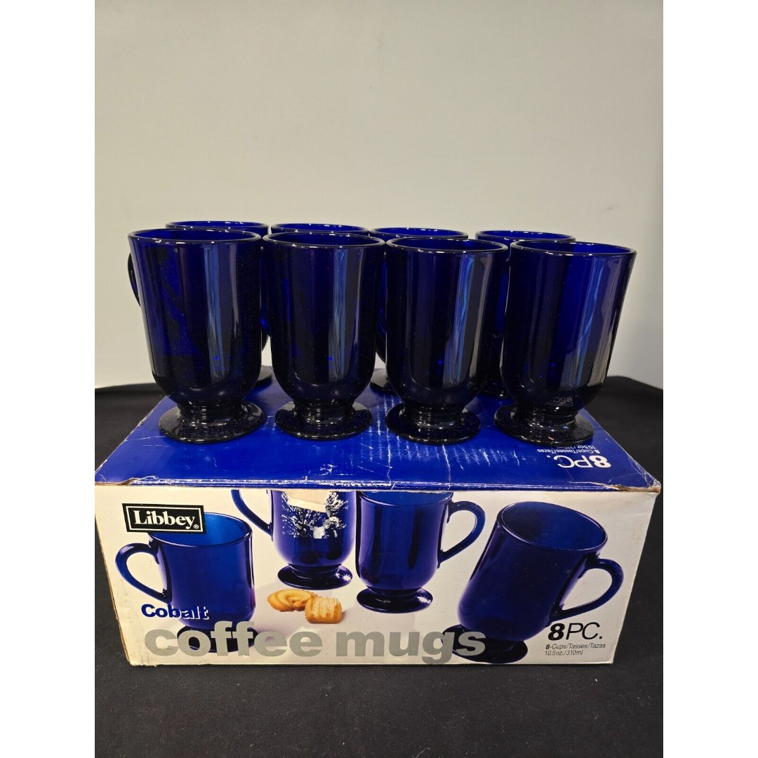 Set of 8 NIB Anchor Hocking Cobalt Blue Footed Irish Coffee Latte Cups Mugs