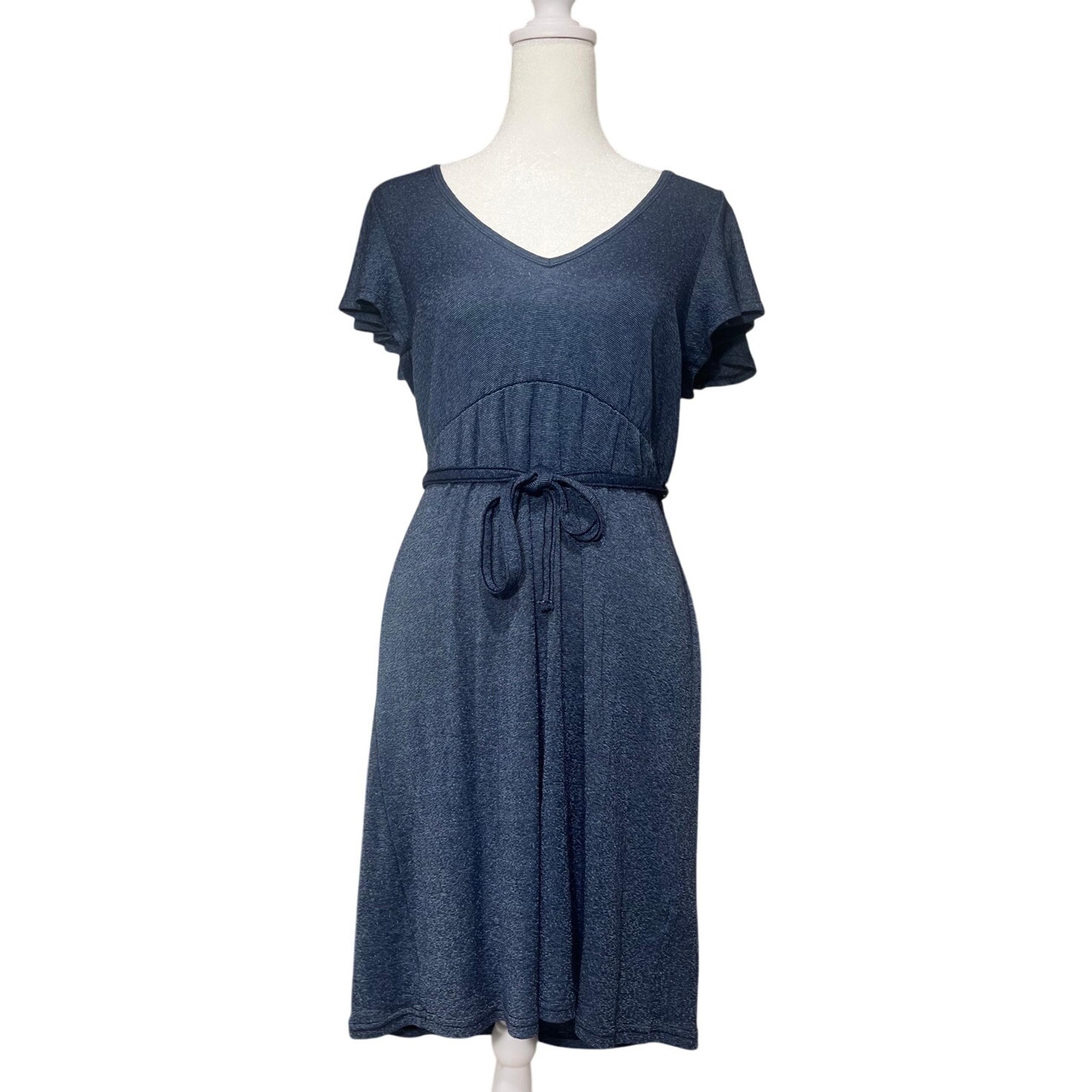 Michael Stars Blue Shimmery Flutter Sleeve Belted Tie Front Dress Stretchy OS