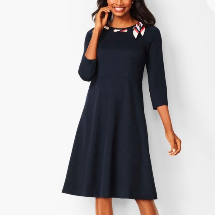 Talbots Ponte Navy Blue Scarf Neck Nautical 3/4 Sleeve Flare Midi Dress Size 16