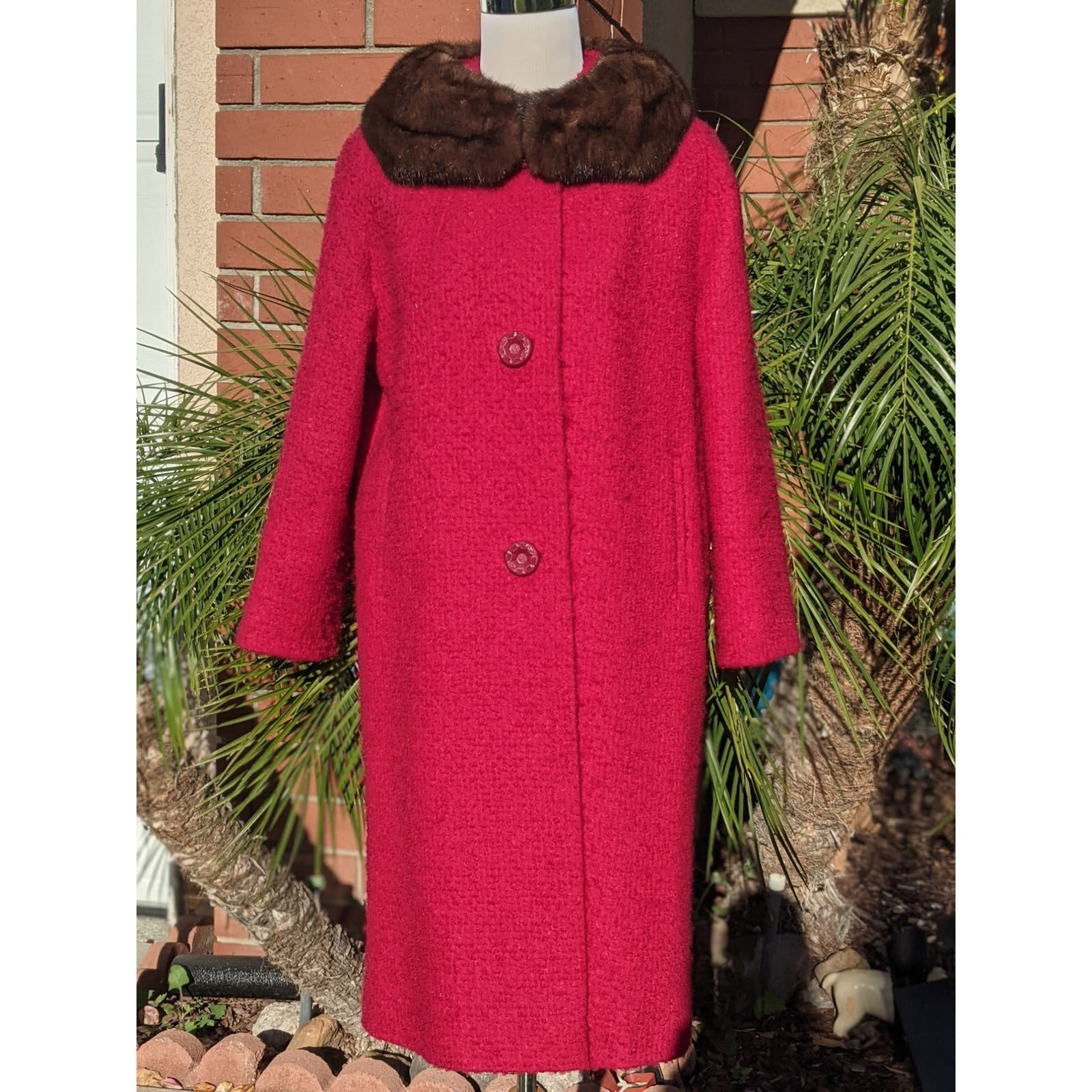 Vintage Boucle Wool Fur Collar Cranberry Red Swing Coat ILGWU